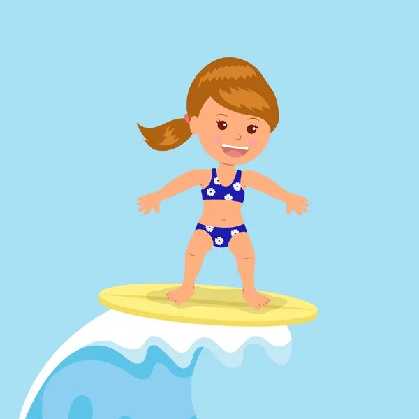 Surfer dziewczyna jeździ fale. Koncepcja lato wakacje przez ocean — Wektor stockowy