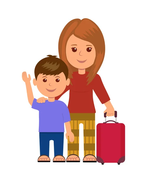 Moeder en zoon met bagage tas. Concept infographics reizigers. Geïsoleerde tekens vrouwen en klein kind met Bagage. — Stockvector