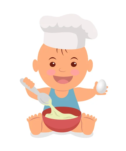 Lindo cocinero. Niño en una gorra de cocina con una cuchara y un huevo en las manos amasar la masa . — Vector de stock