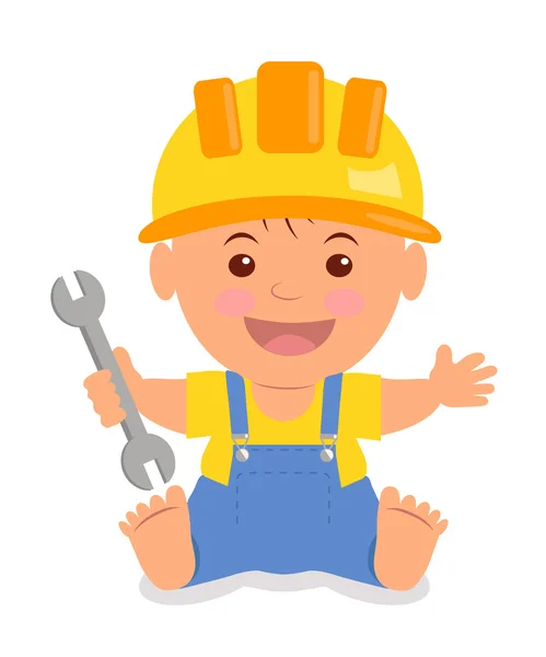 Az építési hardhat kisgyermek a kulccsal a kezében. Elszigetelt gyermek bukósisakot, sárga pólót és kék overall, a harisnyatartó. — Stock Vector