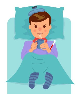 Sick man lies and drinks hot drink. Flu symptoms, fever, pain, malaise clipart