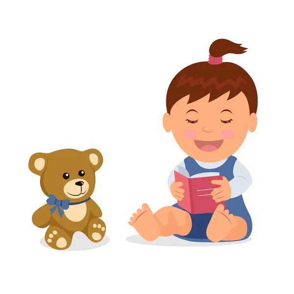 Cute girl reading a book to his teddy bear. Isolated toddler character is reading a book while sitting on the floor in a flat style. — Stock Vector