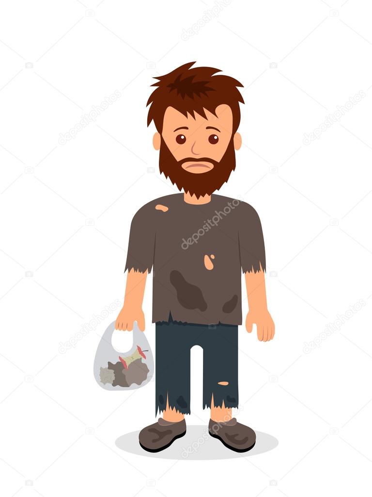 Homeless. Shaggy man in dirty rags and with a bag in his hand. Isolated character bum for infographics