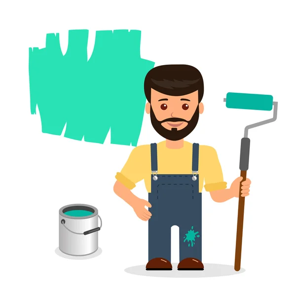 Male painter paints the wall. The isolated character of a man with a roller and a bucket of paint on a white background — Stock Vector