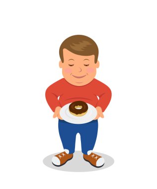 Ayakta ve bir tabak çörek ile tutarak şişko. Beyaz bir arka plan üzerinde üzgün erkek karakter obez izole.