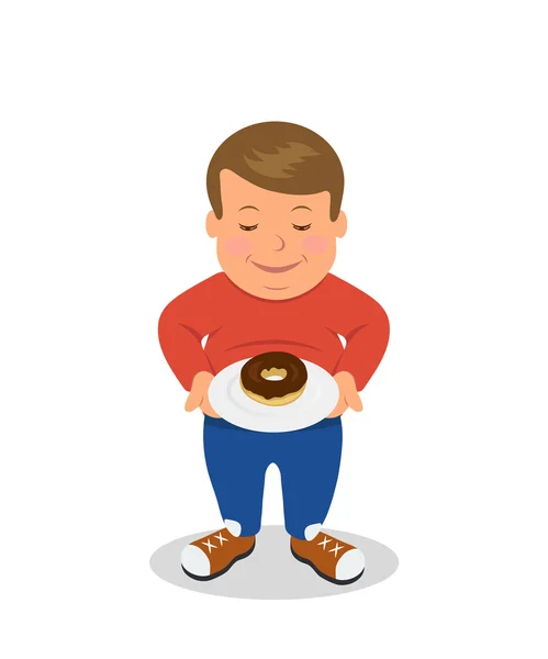 Tlustý chlapec stojí a drží desku s koblihy. Smutný mužský charakter obézní je izolované na bílém pozadí. — Stockový vektor