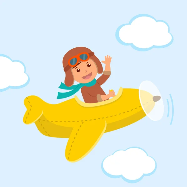 Cute boy pilot flies on a yellow plane in the sky. Air adventure — Stock Vector