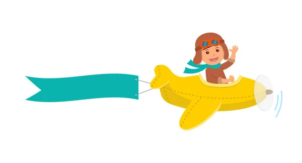 Lindo chico piloto vuela en un avión amarillo en el cielo. Aventura aérea. Ilustración de vectores de dibujos animados aislados — Vector de stock