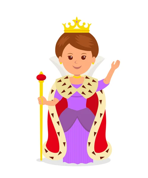 Schattig meisje koningin. Geïsoleerde vrouwelijke personage in een prinses kostuum met een kroon en een scepter op een witte achtergrond — Stockvector