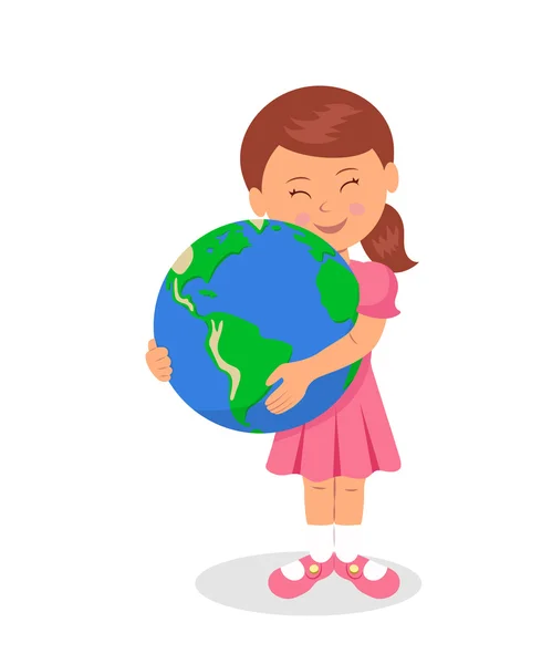 A criança e a Terra: A menina abraçando a terra sobre um fundo branco. O conceito de design do Dia da Terra. Amor à Terra e cuidado com o meio ambiente . —  Vetores de Stock