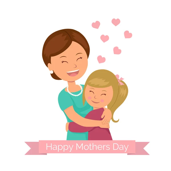 Πρότυπο χαιρετισμού για την ημέρα της μητέρας. Κόρη που αγκαλιάζει τη μαμά της. Κορδέλα με μια ευτυχισμένη ημέρα της Μητέρας χαιρετισμό. Το υπόβαθρο για μια ευχετήρια κάρτα για την ημέρα της μητέρας. — Διανυσματικό Αρχείο