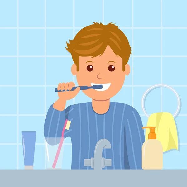 El niño en pijama cepillándose los dientes antes de acostarse. Higiene oral. Personaje de dibujos animados de un hombre con cepillo de dientes en la mano. Cuidar la salud dental . — Archivo Imágenes Vectoriales