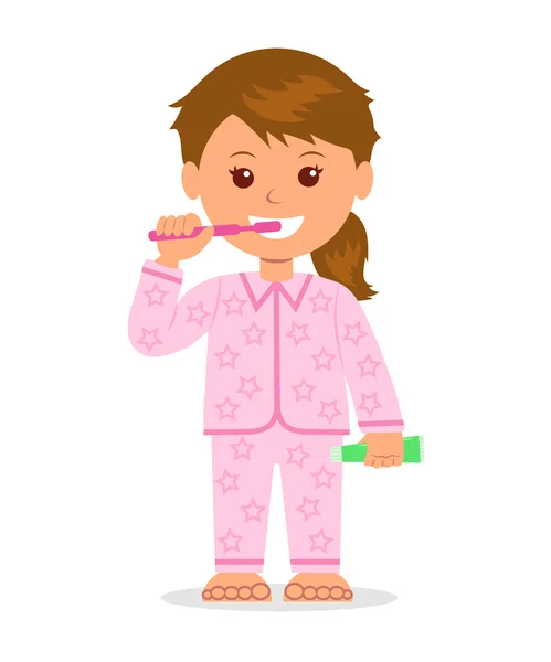 Il bambino in pigiama lavarsi i denti prima di coricarsi. Igiene orale. Isolato personaggio dei cartoni animati ragazza con uno spazzolino da denti e dentifricio in una mano. Prendersi cura della salute dentale . — Vettoriale Stock