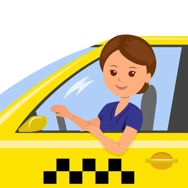 택시 운전사의 휠 뒤에 소녀. 개념 배경 배너 순서를 위한 택시입니다. 택시에서 여행의 만화 그림. — 스톡 벡터
