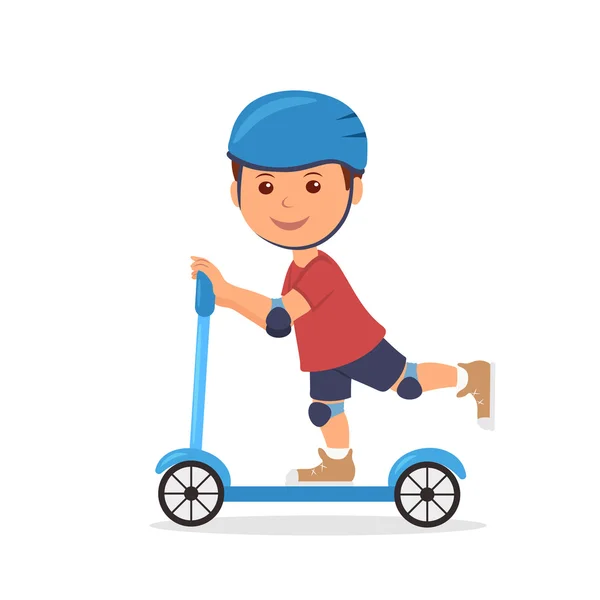 Neşeli çocuk bir scooter sürme. Kask ve dirsek pedleri güvenli bir şekilde bir scooter sürme için diz yastıkları ile çocuğun izole karakter.