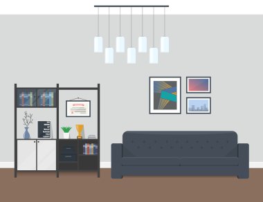 İç tasarım, modern oturma odası. Ofis, otel veya daire rekreasyon alanı. Kanepe ve hoş bir eğlence için bir kitaplık.