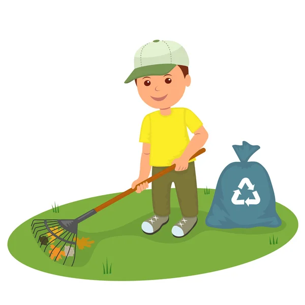 En pojke med en kratta gräsmattan ren från skräp och äldre blad. Isolerade karaktär volontär med en kratta och skräp påsar städar gräsmattan. Begreppet design för korrekt återvinning och ekologi. — Stock vektor