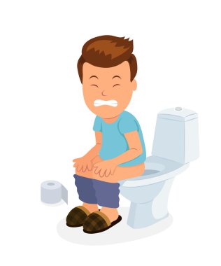 Çizgi film çocuk mide devirmek ve ishal ile tuvalette oturmuş. Erkek tuvalete oturup izole vektör karakter.