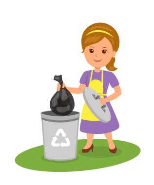 Çöp konteyner yakınındaki bir çöp torbası ile şirin kız. İzole vektör kadın karakterleri bir çöp tenekesine çöp atmak. Konsept tasarım geri dönüşüm ve ekoloji.