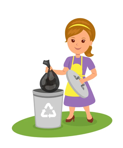 Menina bonito com um saco de lixo perto do recipiente de lixo. Personagens femininas vetoriais isoladas jogam lixo em uma lata de lixo. Concepção de reciclagem e ecologia . —  Vetores de Stock