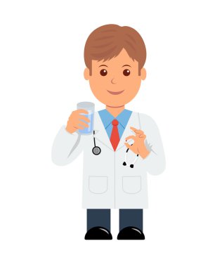 Doktor ilaç ve su el ile. Bir hap vererek izole karakter erkek doktor