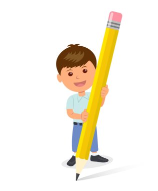 Neşeli çocuk sarı bir kalem tutan. Bir kalem ile ayakta bir çocuğun izole karakter. Konsept tasarımı bir okul çocuğu, kalem tutar. Öğretmenler günü veya çocuk günü için şablon arka plan.