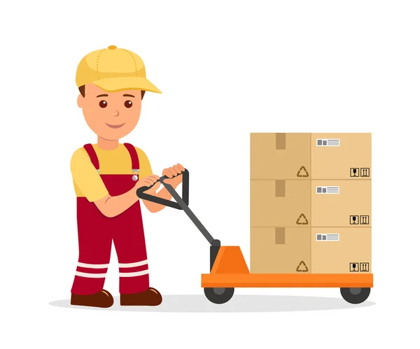 Raktári munkás ember vontatására kézi targonca dobozok. Szolgáltatás szállítás és logisztika egy lapos stílusú koncepcióval kapcsolatos munkát. — Stock Vector