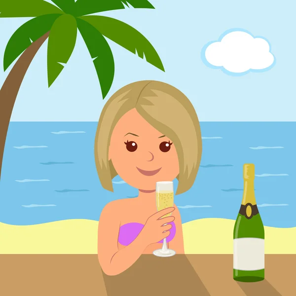 Linda chica con una copa de vino sentado en el bar en las vacaciones de verano en el mar. El concepto de vacaciones de verano en la playa con palmeras . — Vector de stock
