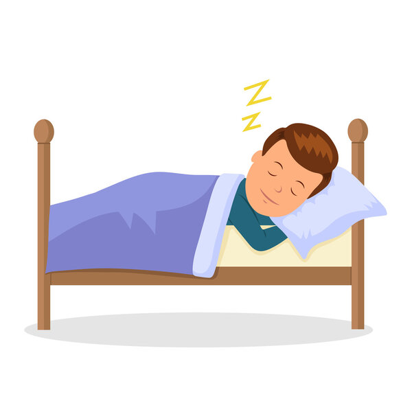 Ребенок спит сладкий сон. Карикатурный ребенок спит в кровати. Изолированная векторная иллюстрация
