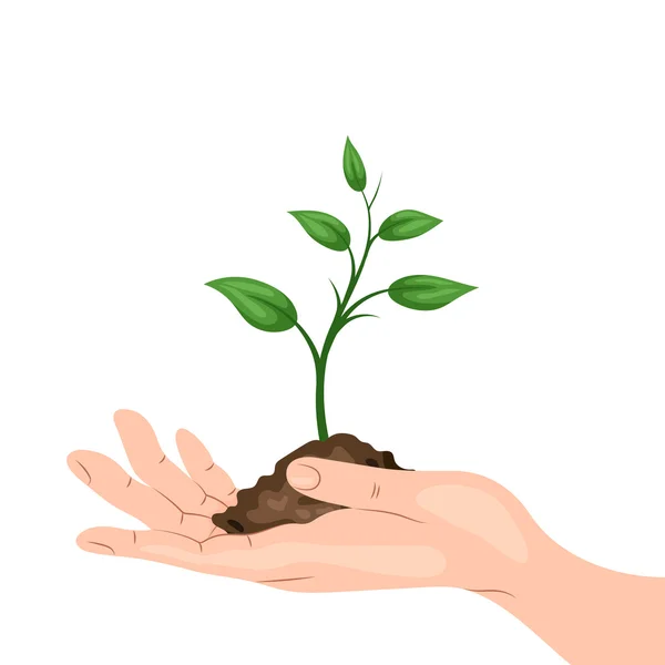 A man's hand holding a sprout with a handful of ground. Environmental protection, ecology concept illustration in flat style. Earth Day or World Environment Day. — Stock Vector