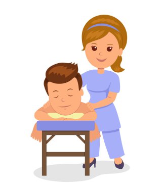 Spa'da rahatlatıcı masaj yaptırdığım adam. Masöz masaj sağlık yapar. Düz stil izole vektör çizim