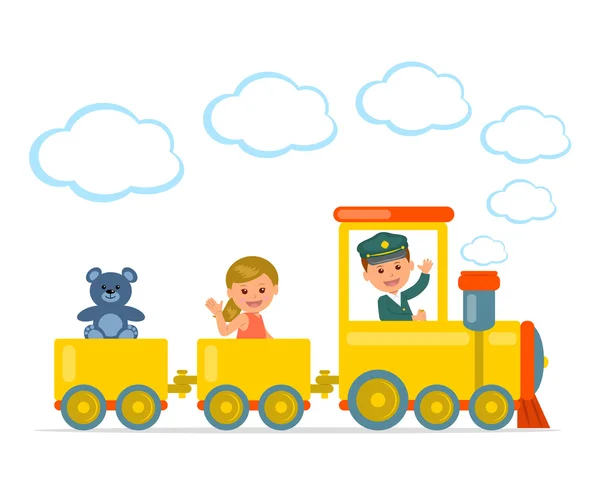 Viaje de niños. Alegre niño y niña montando en un tren. Los niños juegan un juego con juguetes y tren. Ilustración vectorial aislada . — Vector de stock