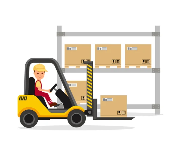 Erkek operatör forklift üzerinde çalışıyor. Ambar. Boşaltma, yükleme, depolama ve kargo teslim. — Stok Vektör