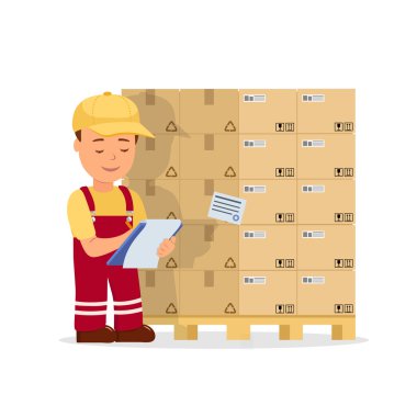 Çizgi film adam operatör Pano tutan kargo kayıtlarını tutar. Palet üzerindeki mal kontrol işçi depo