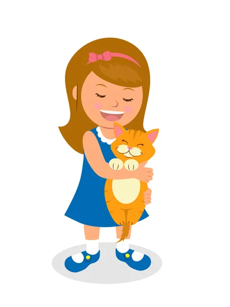 Gadis itu memegang anak kucing. Ilustrasi vektor terisolasi kartun anak memegang kucing. Konsep kepedulian tentang hewan peliharaan - Stok Vektor