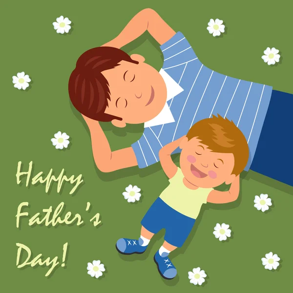 Vectorillustratie van vader en zoon liggen op gazon plezier. De achtergrond voor de felicitaties. Happy Fathers day. — Stockvector