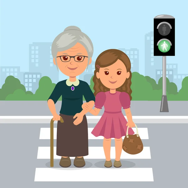 Young girl helps old woman to cross the road at a pedestrian crossing. Help the elderly. Safety traffic. — Stock Vector