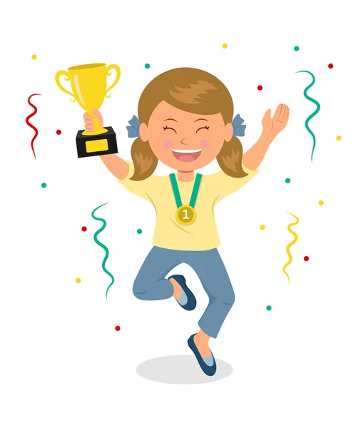 Vítěz. Dívka slaví vítězství. Dívka drží pohár vítěze a skákat radostí. Šťastné dítě s vítěz poháru a konfety. — Stockový vektor