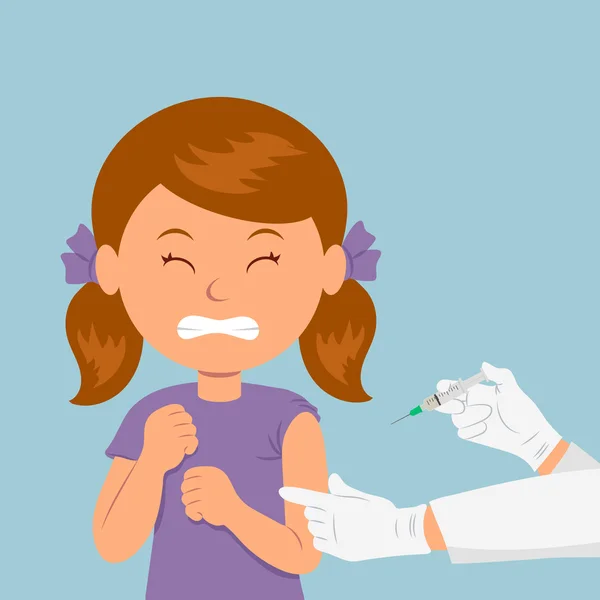Flickan rynkade pannan vid åsynen av en spruta. Barnet är rädd för injektion. Ta hand om immunitet. Hälso-och sjukvård — Stock vektor