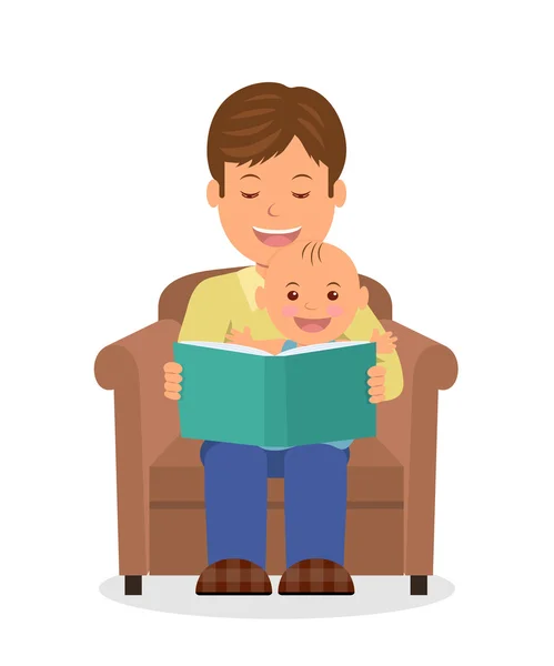 Pai e criança sentados em uma poltrona lendo um livro. Lendo a criança antes de dormir . —  Vetores de Stock