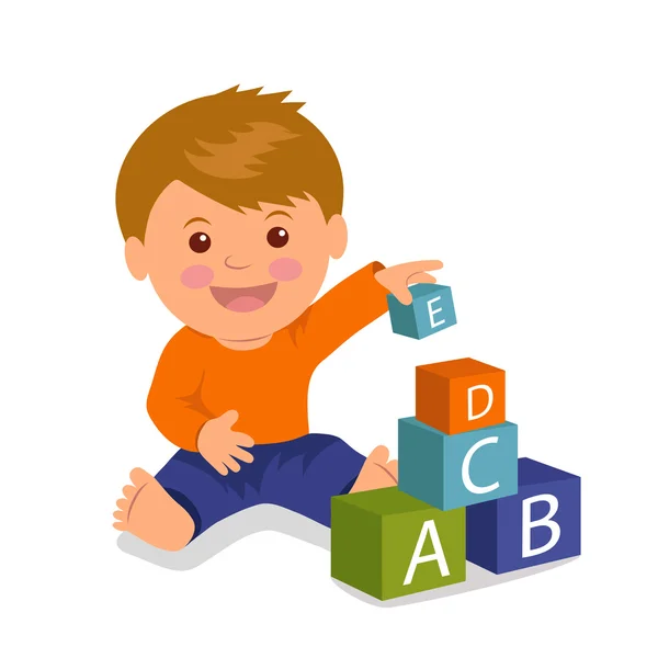 Criança alegre sentado recolhe uma pirâmide de cubos coloridos. Desenvolvimento conceitual e educação de crianças pequenas . —  Vetores de Stock