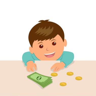 Çocuk para birikimlerini hesaplamak için masaya koy. Dükkan sayacında çocuğa bir şey satın almak için para koymak.