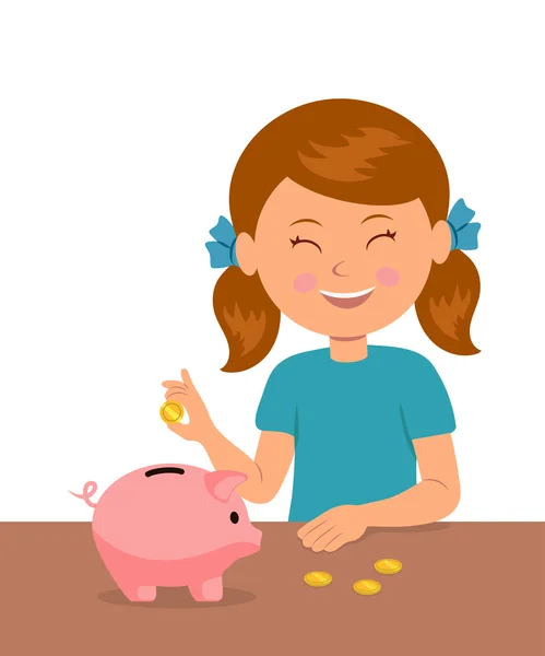 Linda niña de pie en la mesa pone monedas en una alcancía y sueña con comprar algo. El concepto de ahorrar dinero bebé . — Vector de stock