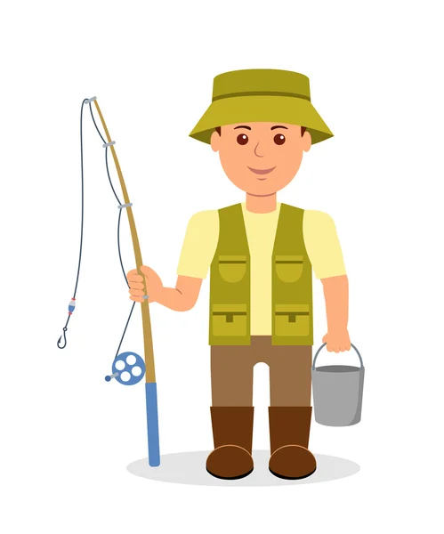 Muž s kbelíkem a Vlasec rybářský prut. Izolované charakter rybář v uniformě. — Stockový vektor