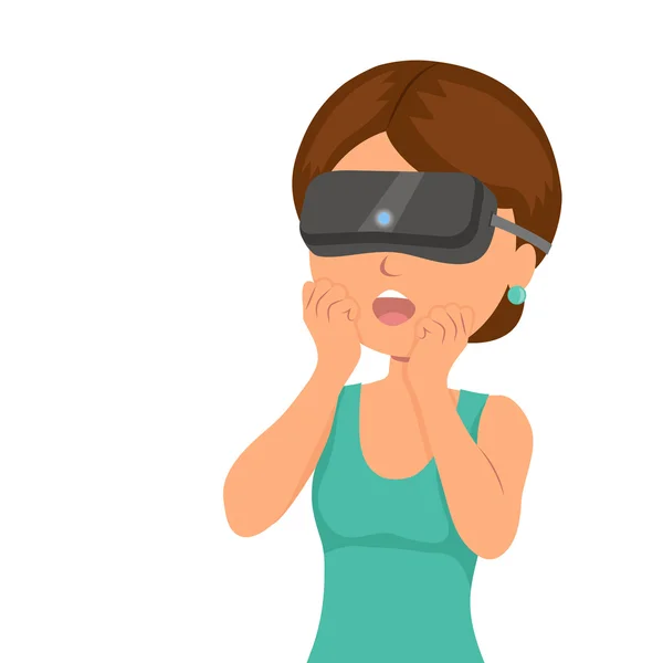 A menina foi surpreendida de vista em um capacete de realidade virtual. Tecnologias modernas de entretenimento, comunicação e jogos de vídeo . —  Vetores de Stock