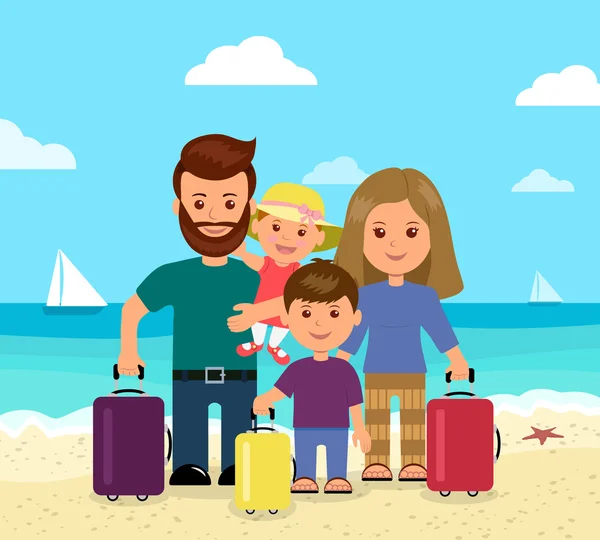 A família chegou de férias no mar. Férias de verão no mar. Retrato de uma família em um fundo do mar e da praia . —  Vetores de Stock