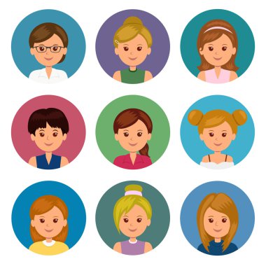 Farklı saç avatarları kızlarla kümesi. Toplama simgeler profil için kadın avatar çizgi film. Kullanıcı arayüzü ve web tasarım için izole kadın avatarları.