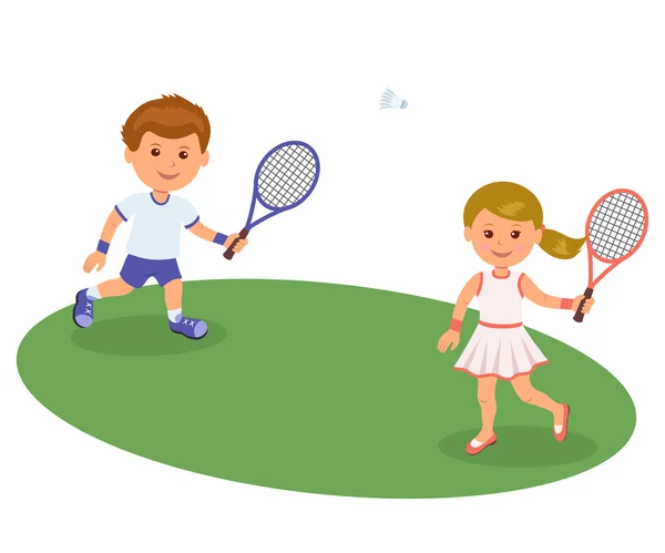 Jungen und Mädchen spielen auf dem Rasen Badminton. isolierte Vektorillustration glückliche Kinder, die Badminton spielen. Sportlicher Lebensstil — Stockvektor