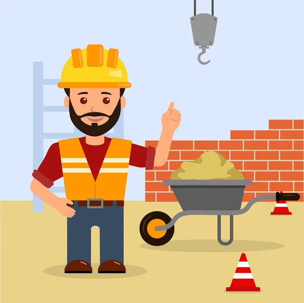Homem capataz numa obra. Construção do edifício. Desenhos animados ilustração vetorial de um construtor masculino adverte sobre o perigo no canteiro de obras . — Vetor de Stock