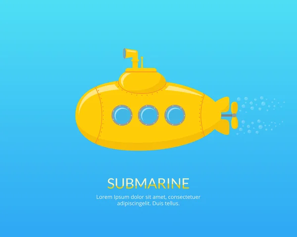 Yellow submarine with periscope swimming underwater. The research of the underwater world by using submarine. Cartoon vector illustration in flat style. — Stock Vector